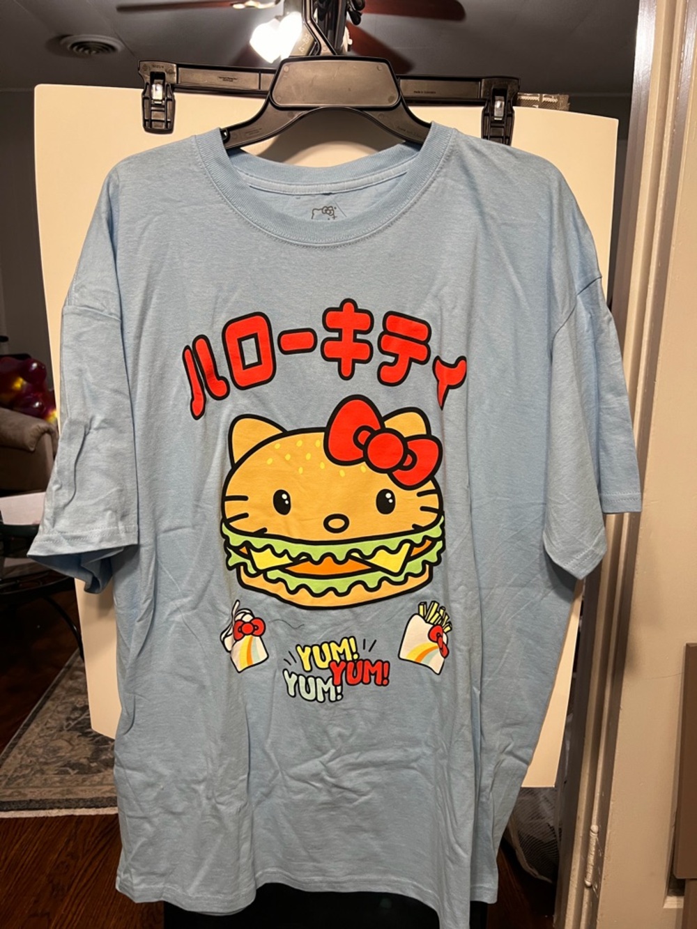 Hello Kitty Light Blue Tee with Burger Graphic and Red Bow